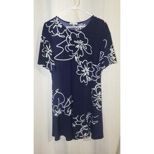 Neiman Marcus Size 16 Navy Blue White Floral Shift Dress Slinky Stretchy